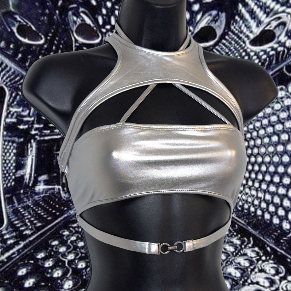 New XS Silver Metallic Cutout Halter Crop Top Rave Festival Bralette Y2k